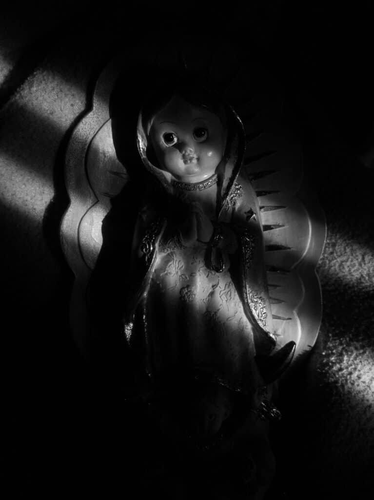 black and white photo of small santos, heavily shadowed