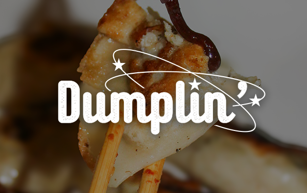 Dumplin Logo on top of a photo of a dumpling